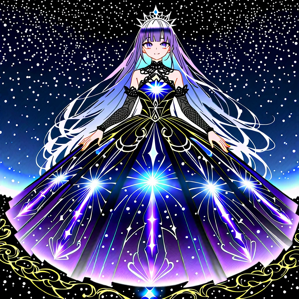 1girl, purple and blue long hair, gradient hair, straight hair, asymmetrical bangs, light blue star tiara, galaxy eyes, gradient eyes, galaxy ball gown, black peplum, black batten lace, galaxy see-through sleeves, black loafer, full body, from front, close to viewer, night, star sky, cliff, masterpiece, best quality, detailed, highly detailed, ultra detailed, extremely detailed, high resolution, 8K, super detailed skin, detailed beautiful eyes, detailed beautiful face, detailed beautiful face and eyes, highly detailed background, sparkle, star \(symbol\), smile,