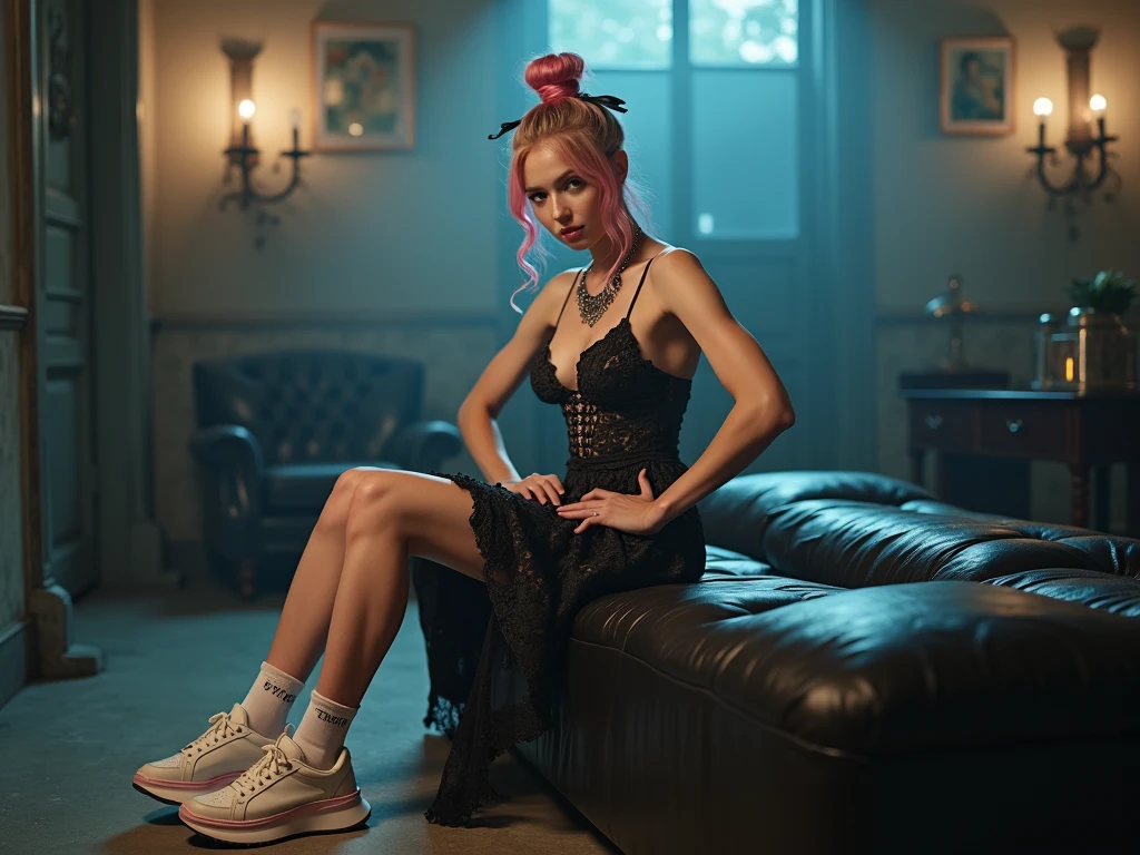 Realistic photo shoot , (8k, HD, best quality, masterpiece), (ultra-hyperrealistic : 1.3), dramatic cinema lighting , strong contrasts, Art. A beautiful young blonde ((Alexina Graham):0.4 + (anya taylor joy):0.7 + (Solveiga Mykolaitye):1.9) With pink hair tips , delicate, athletic legs, white sneakers with pink accents , knee-length white socks . She rides a Sybian with her legs spread, a so-called ' machine' and poses with your hands on your waist, slightly frivolous smile . Weights on the feet , Long hair tied in a big bun with satin ribbons . ((gothic Lolita dress):1.8), thin long socks with satin ribbon details . high-resolution display , Model anya taylor joy, in high-heel platforms (25 cm), necklace, large studio in the background . ((Next to her, slightly behind her position, is 1 sporty man, Who languishes at her in love):1.9),
Female goddess sitting on ' furniture (sybian) In an studio and is massaged by a man,
A large dungeon in torchlight + sybian, Vibrations-hocker, machine
Realistic girl 1280 quality