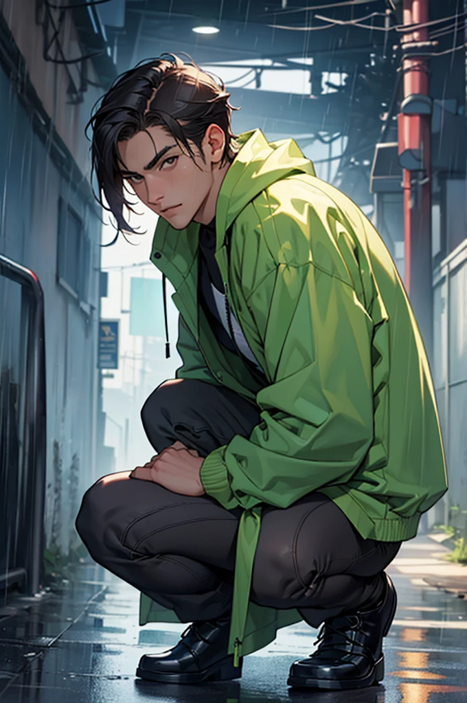 masterpiece, 1boy, solo, night, hoodie, black hair, green eyes, magic