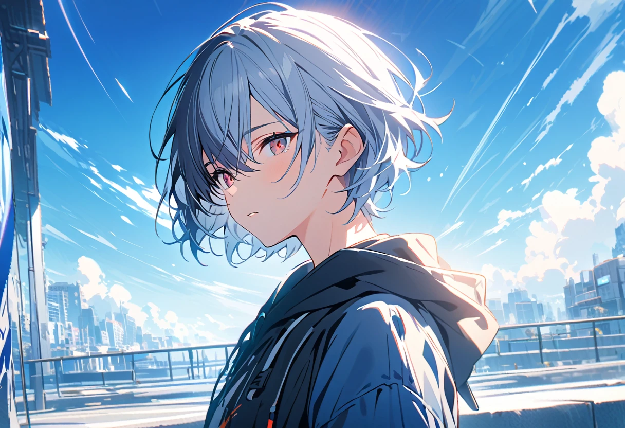  handsome, Alone, 1 male, Gray Hair, Red eyes,  Long Sleeve ,  black hooded hoodie, noon, White Light,cute目, Short Hairstyle ,cute,Falling from the sky,WHITE AND BLUE COLOR ,white and blue scenery, bright , looking at the camera,