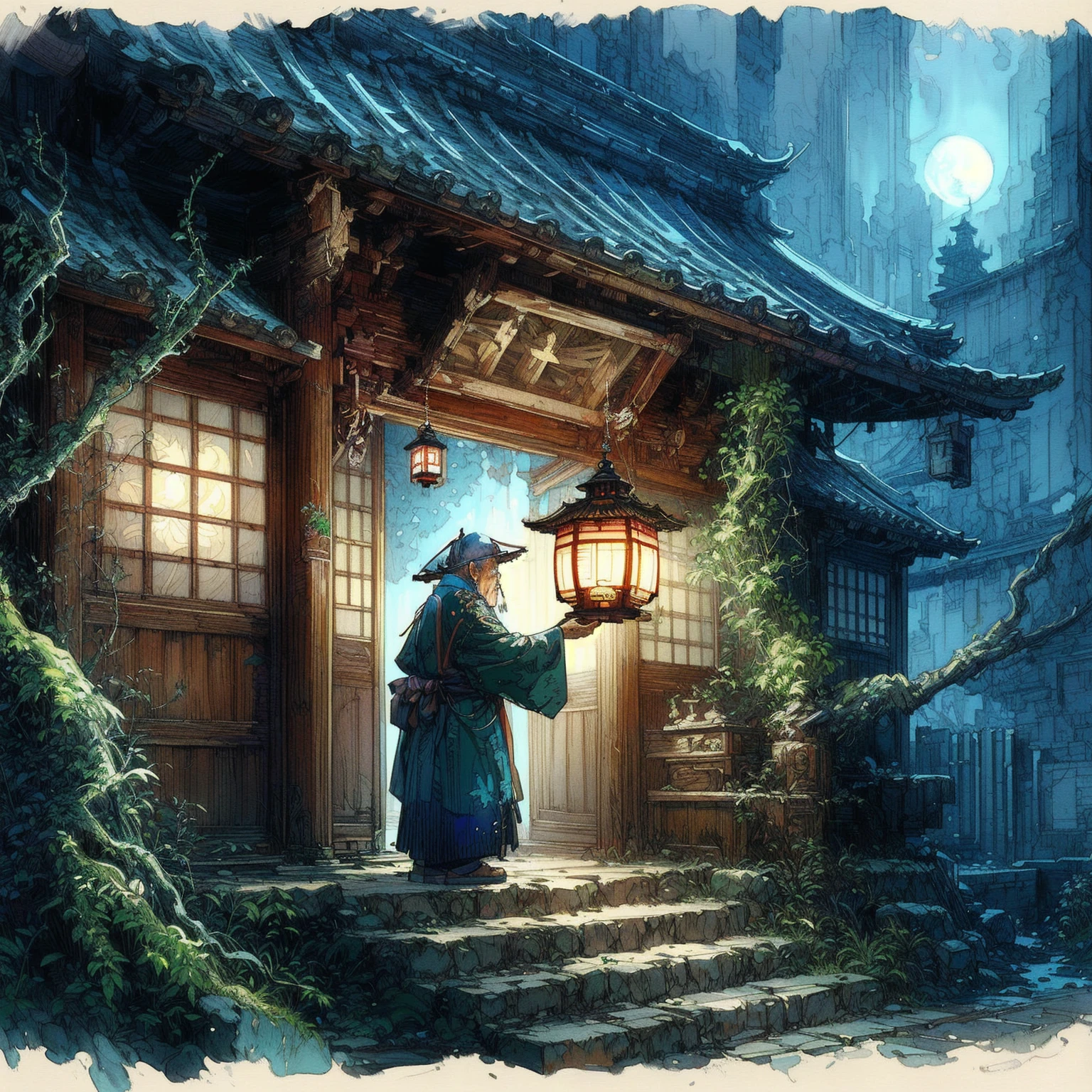 painting of an old chinese man holding a lantern in front of a building, traditional japanese concept art, studio ghibli and dan mumford, cyberpunk japanese temple, a beautiful artwork illustration, ancient japanese monk, digital painting of a pagoda, andreas rocha style, el bosco and dan mumford, dan mumford. maya render, beautiful digital artwork, concept art of a monk