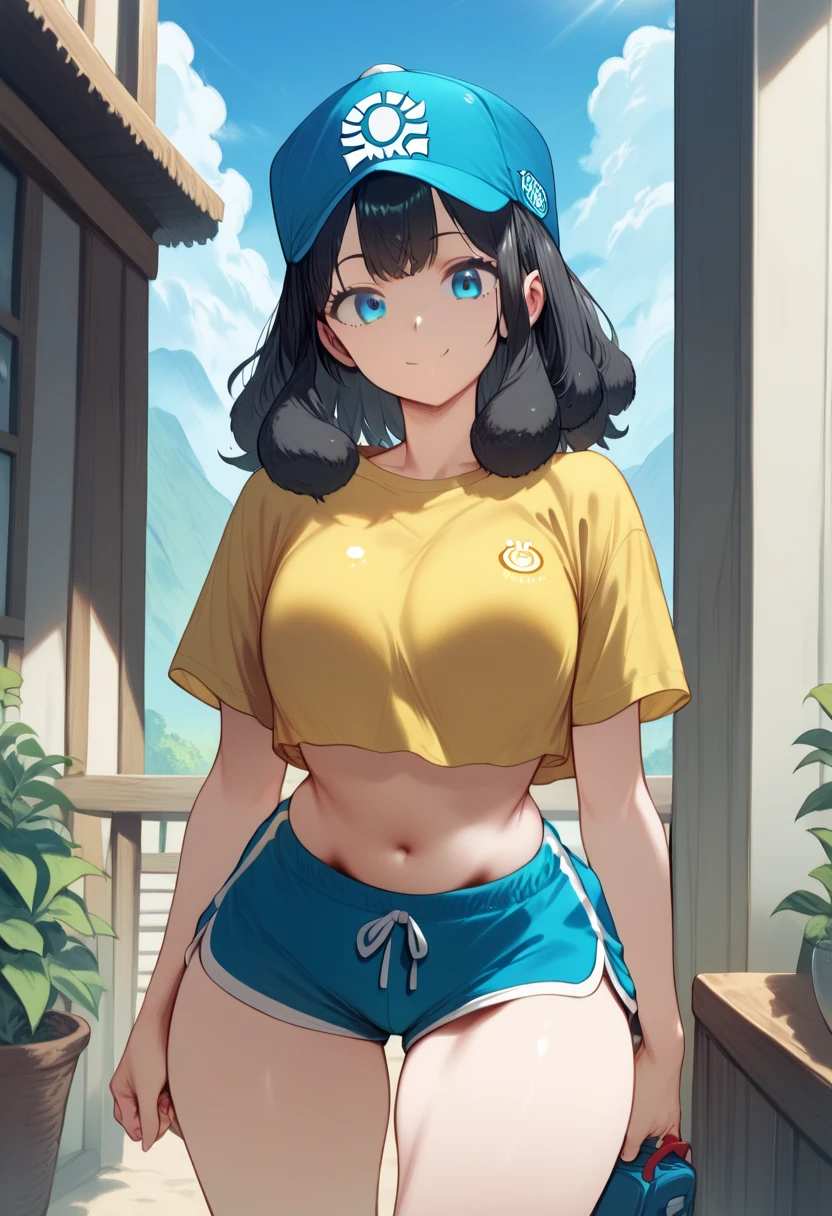 score_9, score_8_up, score_7_up, source_anime, best quality, clear face,fast skinny girl,black hair, blue eyes, medium hair, large breasts, perfect body, standing, slight smile, yellow shirt,blue mini shorts, indoor, pose,cool,simple design,cute, thick legs, hat cap,blue cap,exposed belly