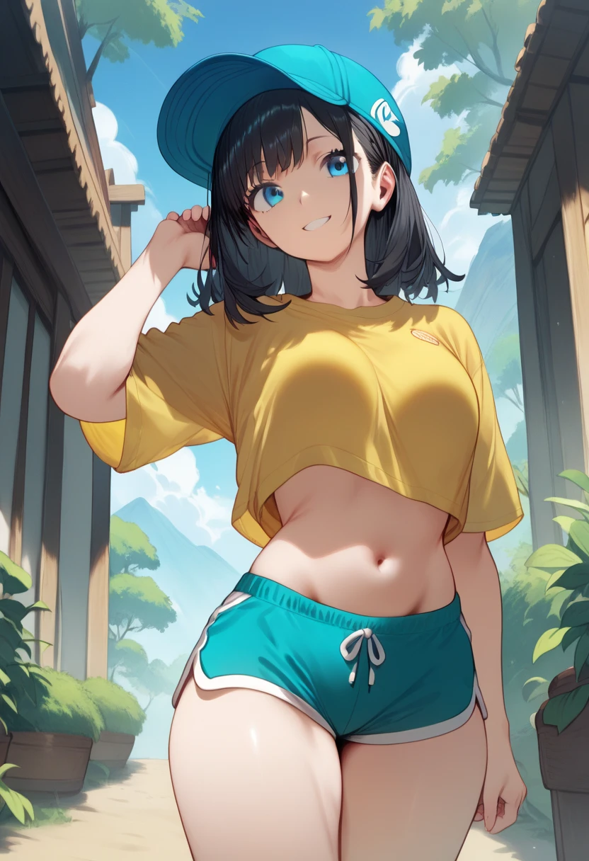 score_9, score_8_up, score_7_up, source_anime, best quality, clear face,fast skinny girl,black hair, blue eyes, medium hair, large breasts, perfect body, standing, slight smile, yellow shirt,blue mini shorts, indoor, pose,cool,simple design,cute, thick legs, hat cap,blue cap,exposed belly