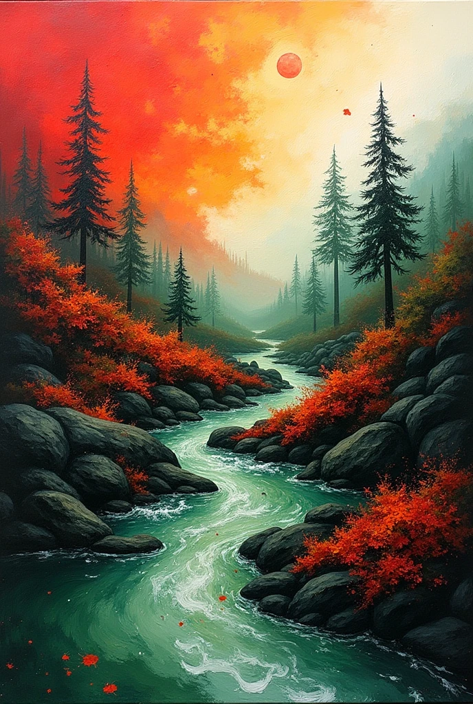 paint of many mixes with red base colors, green, Black and white of some landscape 