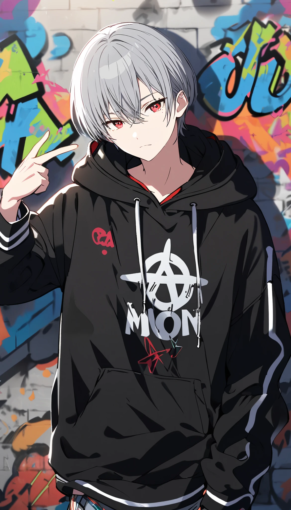  handsome, Alone, 1 male, Gray Hair, Red eyes,  Long Sleeve ,  black hooded hoodie, noon, White Light,cute目, Short Hairstyle ,cute, background with design ,hiphop background ,, bright , looking at the camera,Making a peace sign, background with graffiti 