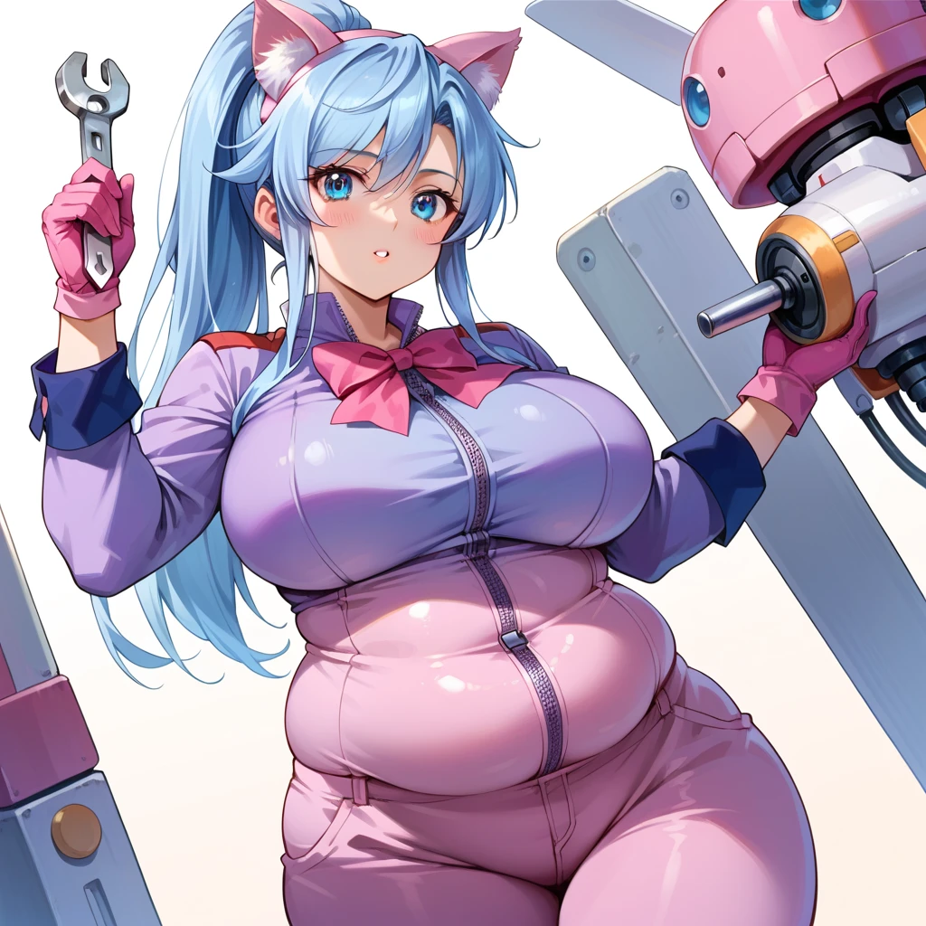 score_9, score_8_up, score_7_up,source_anime,BREAK, gundam_seed, 1girl. Adult woman, She has very long light blue hair ponytail, bright blue eyes, pink (mechanical cat ears), round face, pink bow. she is (FAT) and chubby, with extra large breasts, (plump belly), wide waist, thick arms, wearing purple zip up mechanic coveralls, gloves, long sleeves, pants.  In a maintenance bay, holding a wrench, working on a machine arm, grease spots on her clothes. confident proud, focused on what she’s doing. masterpiece,best quality,amazing quality