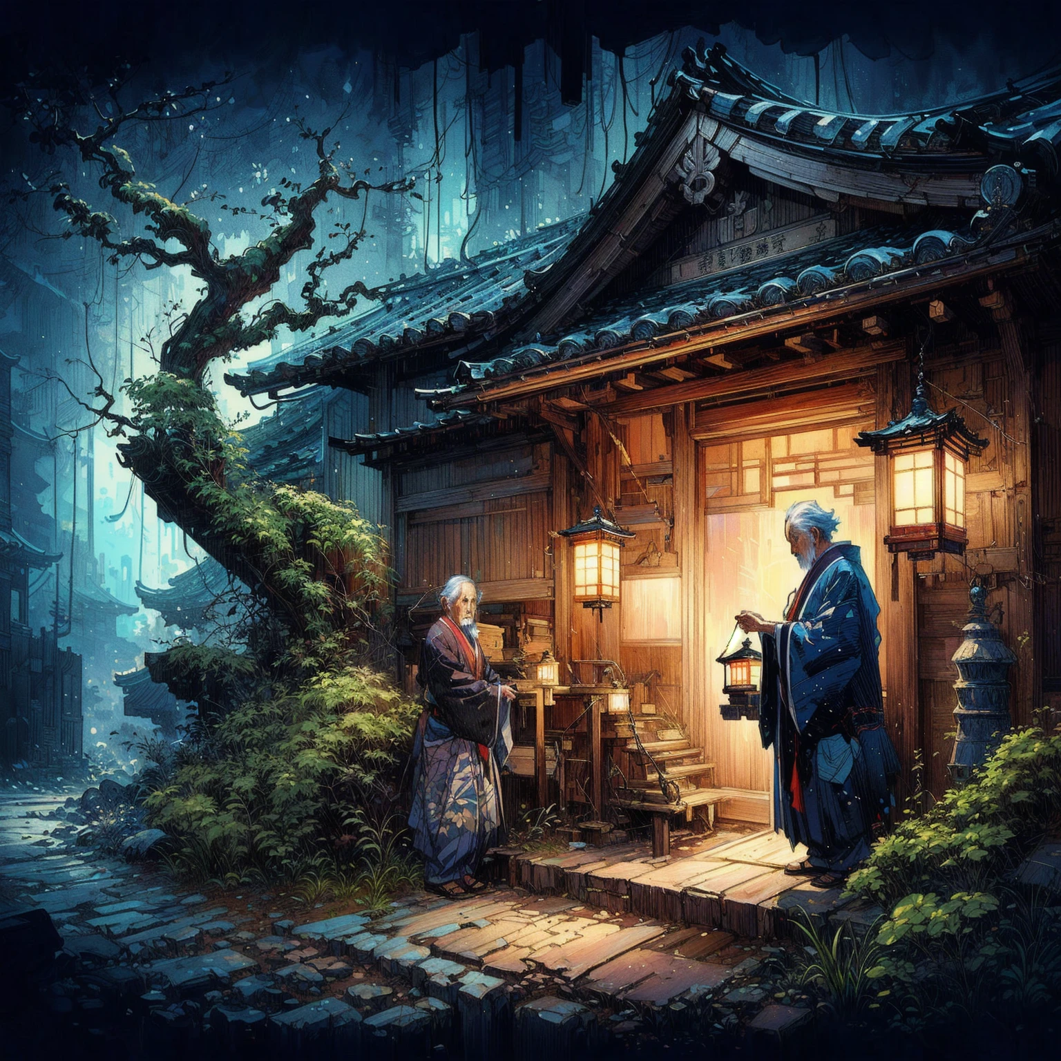 a painting of an old japanese man standing outside of a small house, traditional japanese concept art, studio ghibli and dan mumford, andreas rocha style, painted by andreas rocha, by Andreas Rocha, a beautiful artwork illustration, el bosco and dan mumford, cyberpunk japanese temple, beautiful digital artwork, dan mumford. maya render, the style of andreas rocha, japanese fantasy