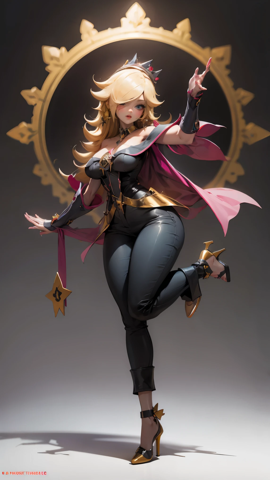 full body shot, exaggerated anatomy, gorgeous female latina witch, blonde hair, short skirt, open robe, lifelike stylized realism bold linework detailed rendering full color palette digital painting layered shading