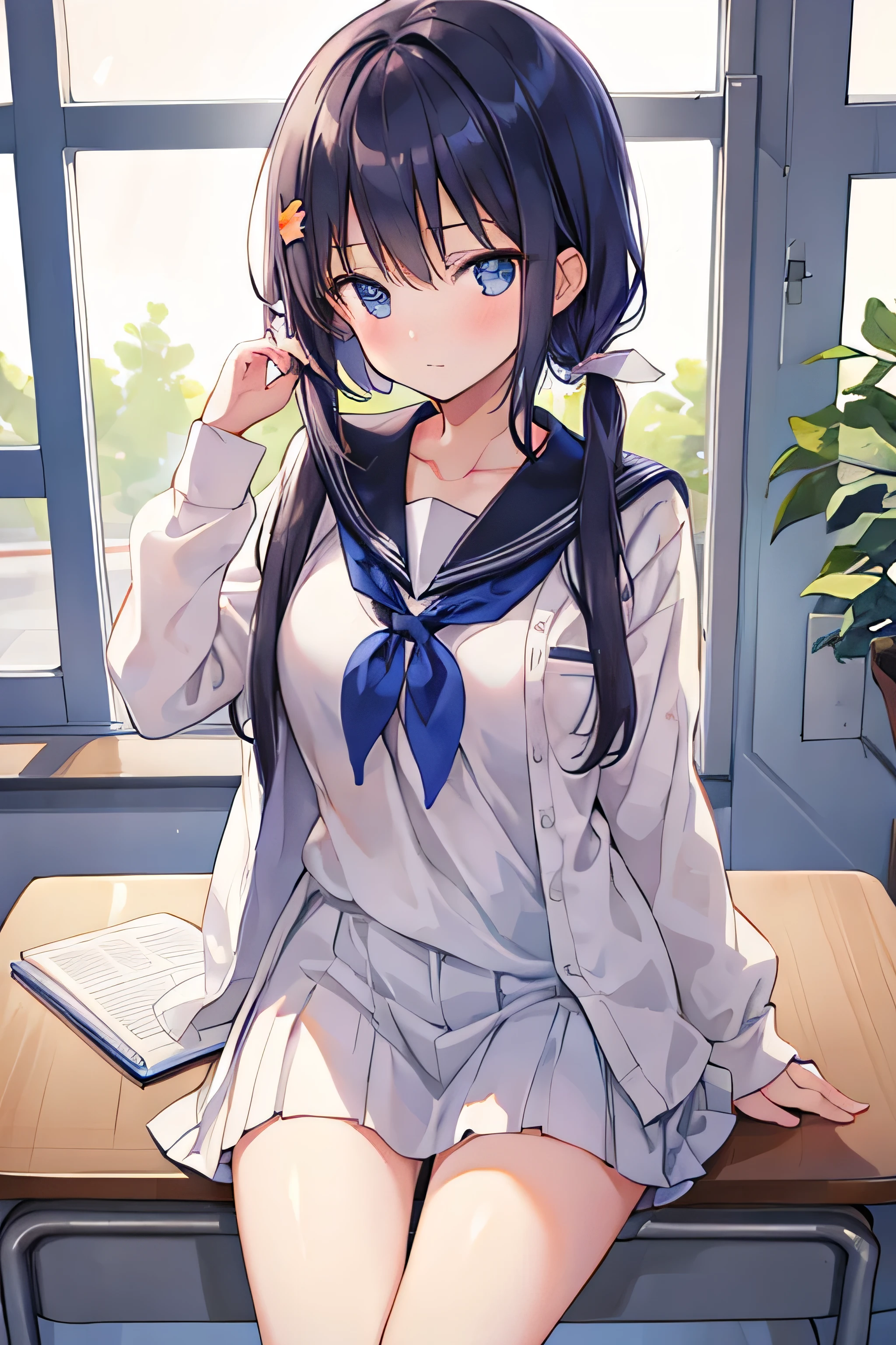 (8K、Highest image quality、highest quality、masterpiece)、detailed face、1 girl、black hair、long hair、twintails、blunt bangs、light blue eyes、evilsmall、grin、earrings、Moderate chest、((serafuku))、long sleeve、((school swimsuit))、cowboy shot、classroom background
