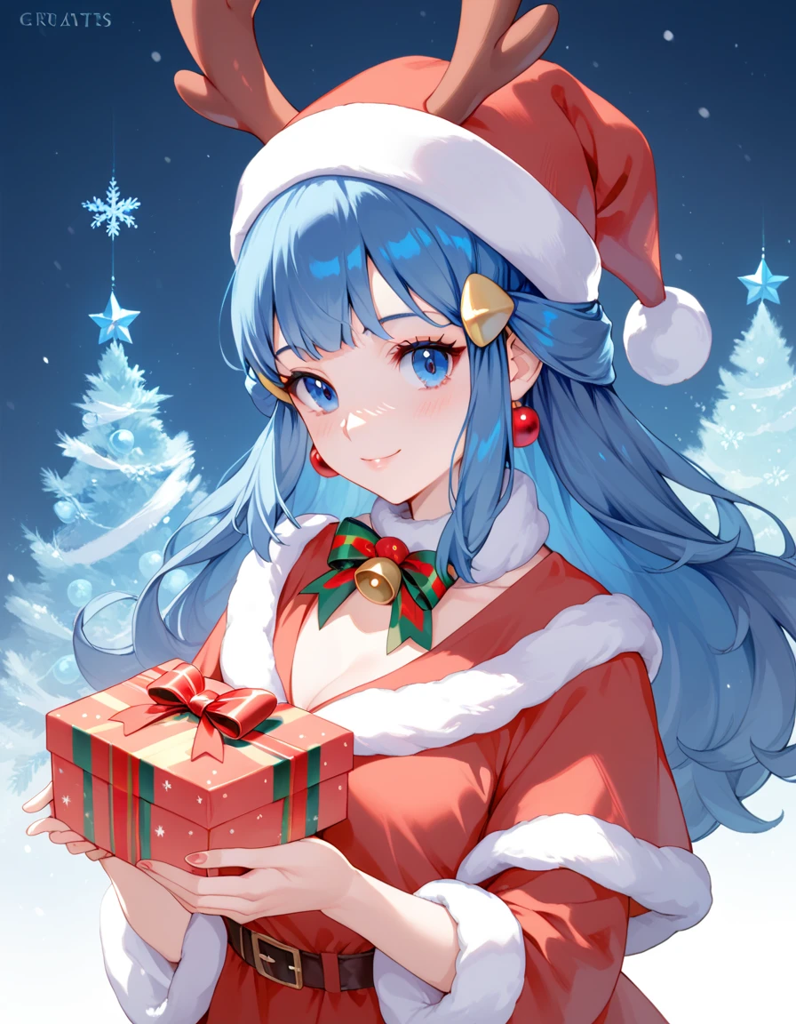 Pokemon female character, dawn (beautiful greys, blue hair) red-nosed reindeer costume, cute image, Christmas cover, saturated colors, holding a gift box, pokemon design,