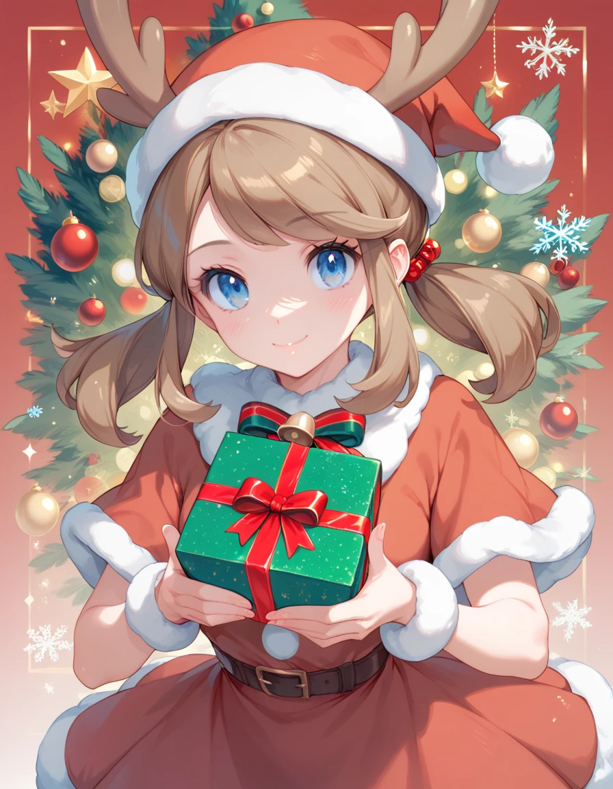 Pokemon female character, may (beautiful blue eyes, brown hair) red-nosed reindeer costume, cute image, Christmas cover, saturated colors, holding a gift box, pokemon design,