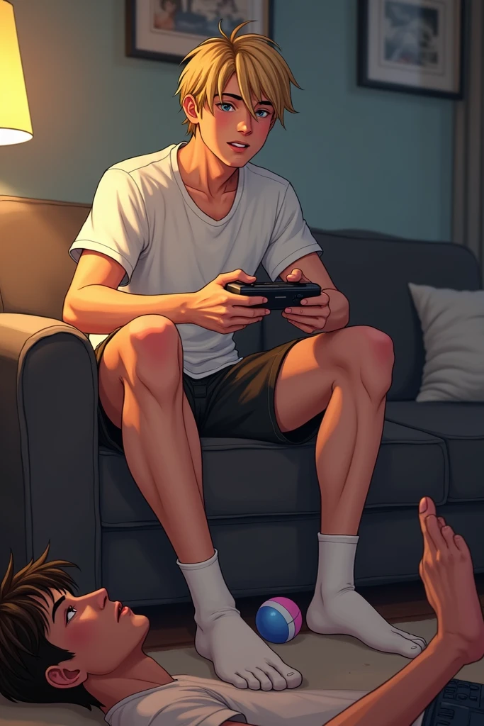 Gamer man playing in his room gamer in white boxer briefs has white skin dark blond hair and dark brown eyes has many boxer briefs of different colors thrown around the room and pc, Not realistic style