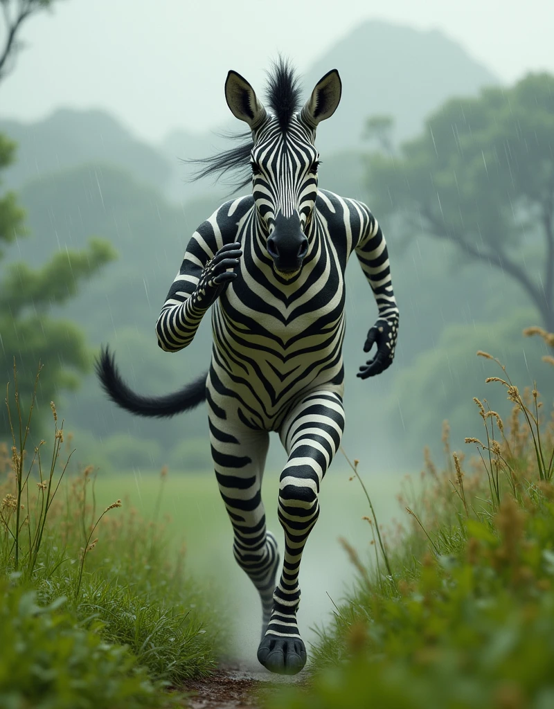 A hybrid between a zebra and a human female, the head is a 70% to 30% splice of human to zebra ratio, the body is human female like with the skin texture and color 100% zebra like, the hybrid has massive hooves instead of feet and it has a zebra like tail, the hybrid is running on a lush green meadow on a rainy day somewhere in futuristic Africa where there are green oasis full of flora and fauna, a strong wind blows and it's visible on the grass and in the air, UE5, 32k