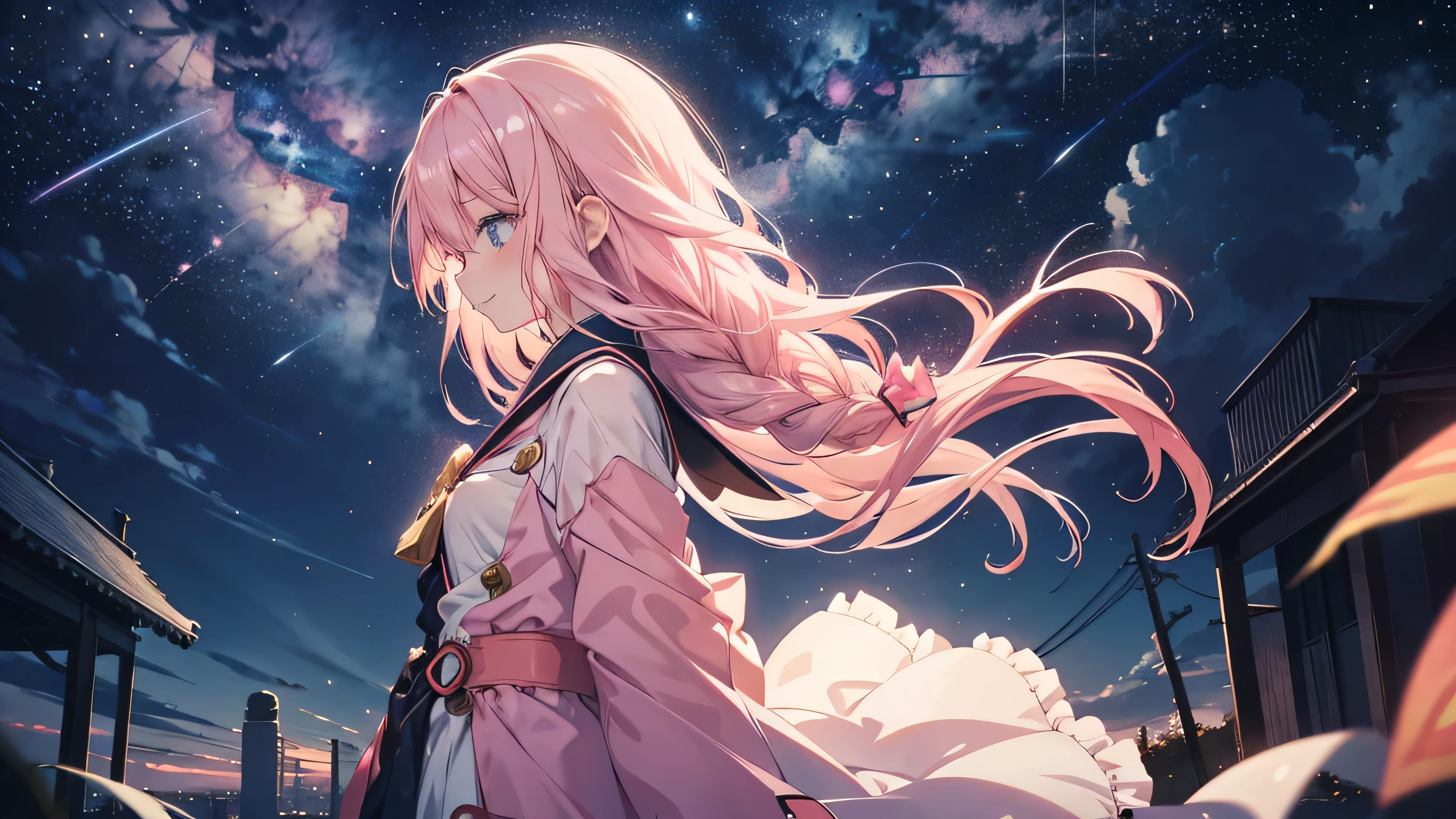 cute anime pink haired girl、 dynamic 、solo,long hair,(profile,Cat imitation,Dreams exchanged under the stars ,The best smile ,Feminine Style)
