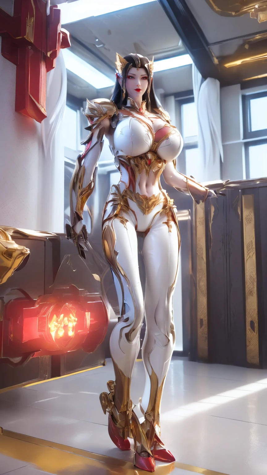 A BEAUTY GIRL, (HYPER-REALISTIC:1.5), (PHOENIX GOLD HELM:1.1), (BIGGER BUTTOCK,HUGE FAKE BREAST:1.5), ((CLEAVAGE:1.5)), (BARE MUSCLE ABS:1.5), (MECHA GUARD ARMS:1.5), (MAGENTA SHINY FUTURISTIC MECHA BODY, BLACK MECHA SKINTIGHT LEGGINGS, WHITE MECHA GUARD ARMOR LEGS, HIGH HEELS:1.6), (MUSCULAR BODY, WET OIL SKIN, LONG LEGS:1.1), (LOOKING AT VIEWER:1.3), (FEMALE FOCUS:1), (WALKING HALLROOM OF FUTURISTIC SPACE STATION:1), (BRIGHT LIGHT WHITE_ROOM:1.3), HYPER TEXTURE, (4X MSAA), ((UNREAL ENGINE 5 RENDER)), PHYSICALLY-BASED RENDERING, ULTRA HIGHT DEFINITION, 16K, 1080P.