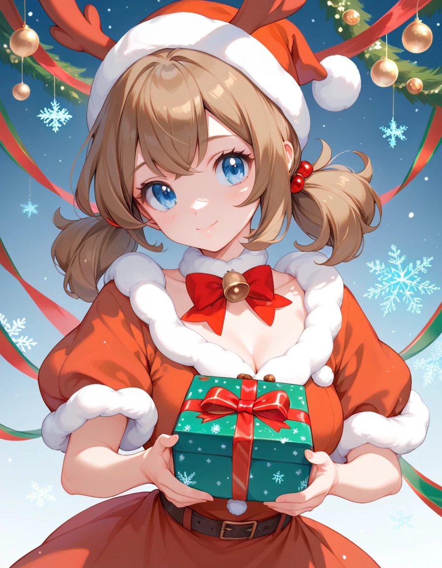 Pokemon female character, may (beautiful blue eyes, brown hair) red-nosed reindeer costume, cute image, Christmas cover, saturated colors, holding a gift box, pokemon design,