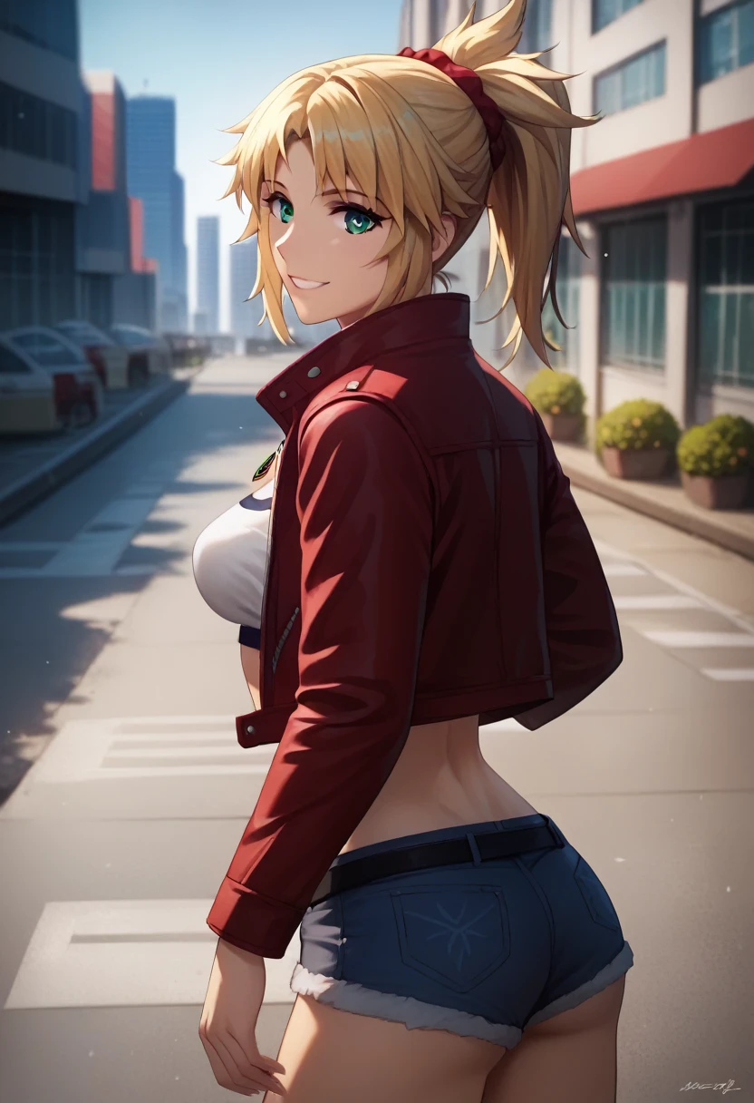 (Masterpiece, Ultra-high resolution, 8k, High Quality, Top quality, High-Detailed, Detailed CG, Cinematic Shadow:0.5, Beautiful Detailed Eyes, Ultra Resolution, Depth of Field, High Resolution, Masterpiece: 1.2), (Anime Art style), (cowboy shot), (city:1.4), 1girl, solo, MordredFA, blonde hair, ponytail, parted bangs, red scrunchie, green eyes, MordredCasual, necklace, red jacket, open jacket, white shirt, crop top, clothing cutout, short shorts, denim, fur trim, black belt, beautiful breasts, smile, looking back, from behind,