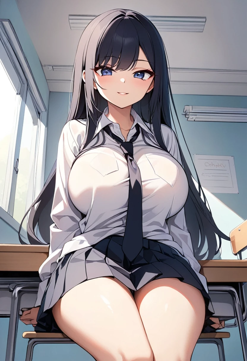 Kim Yun-seo : High School Classroom, High school girl,  black long straight hair,  big boobs,  wearing, loose tie,  cross-legged posture while sitting at a desk,  sharp eyes , chic look, Charismatic atmosphere .
((Below:1.5))