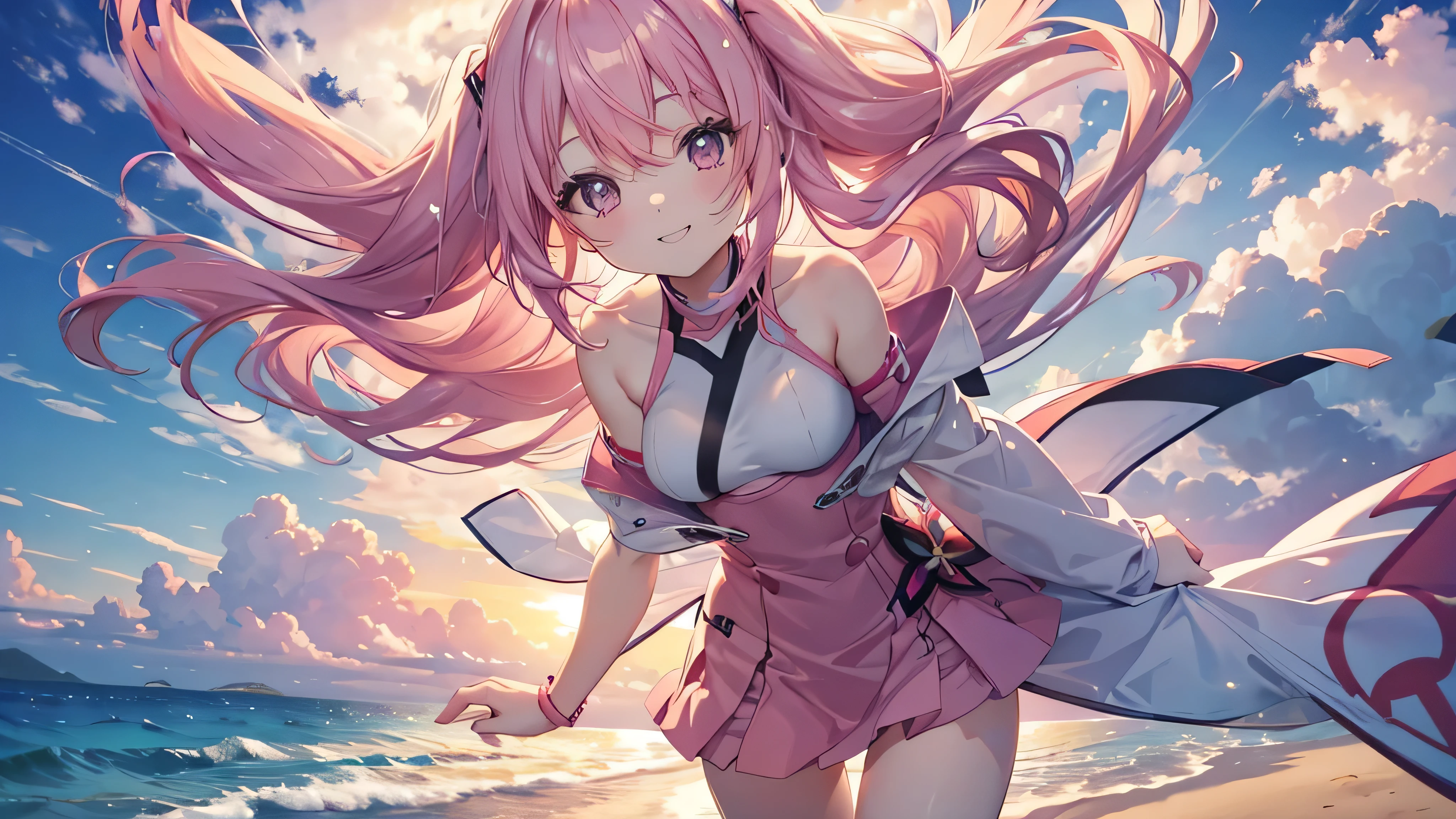  cute anime pink haired girl、 dynamic 、solo,long hair,（ angle from below,,Sunset beach,The best smile ,Feminine Style