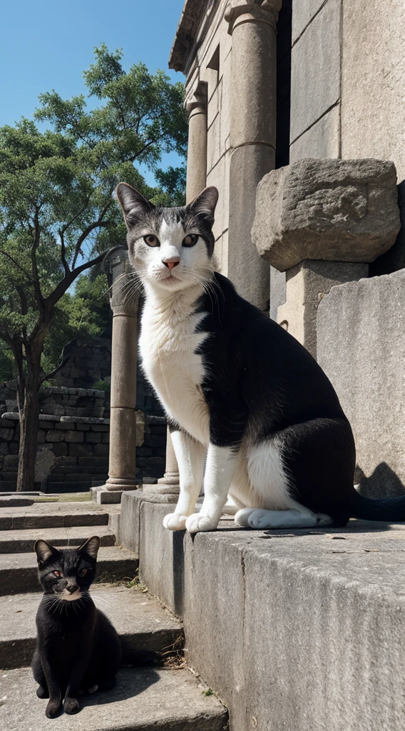 "Illustrate a black cat sitting on the stone steps of an ancient temple, with the full moon shining behind it. The cat should be in the center of the image, with a mysterious look and eyes that shine like stars. The steps should be covered in moss and have an ancient, weathered texture. The temple should be in ruins, with broken columns and vines covering the walls. The style should be magical realism with soft colors and a mysterious atmosphere." intricate Cat eyes detail, beautiful Cat detailed eyes, symmetrical Cat eyes.