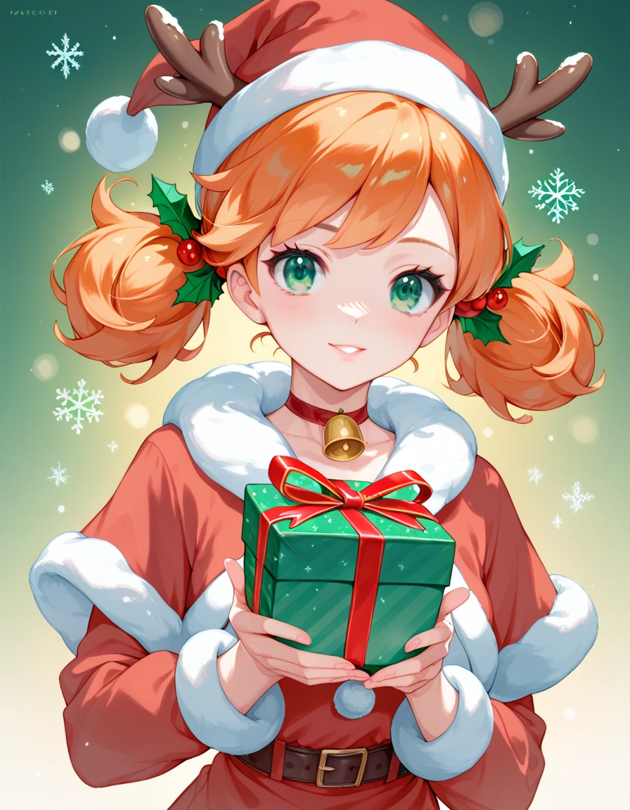 Pokemon female character, misty (beautiful green eyes, orange hair) red-nosed reindeer costume, cute image, Christmas cover, saturated colors, holding a gift box, pokemon design,