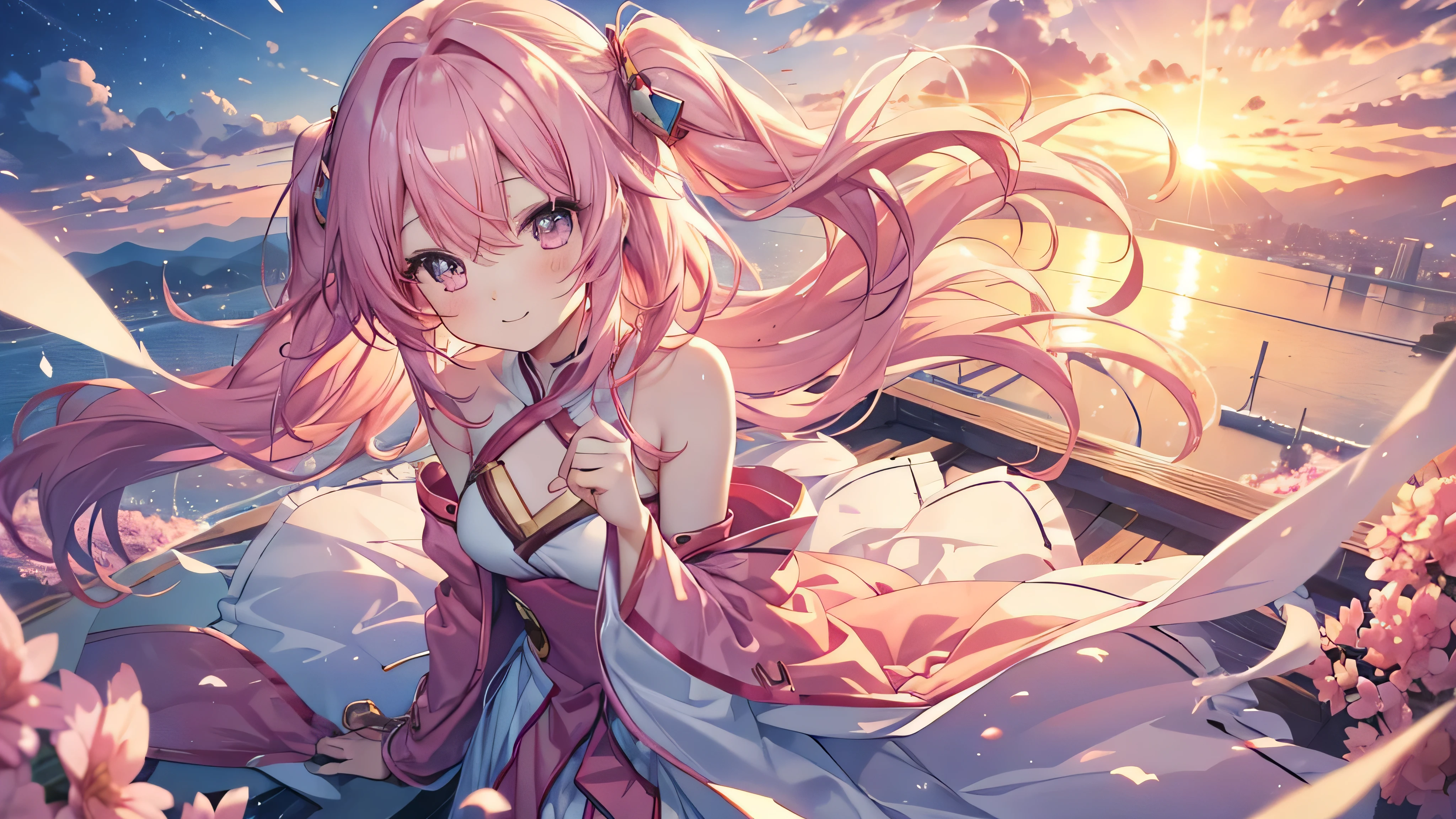  cute anime pink haired girl、 dynamic 、solo,long hair,（ angle from directly above,,sunset best smile  ,Feminine Style）