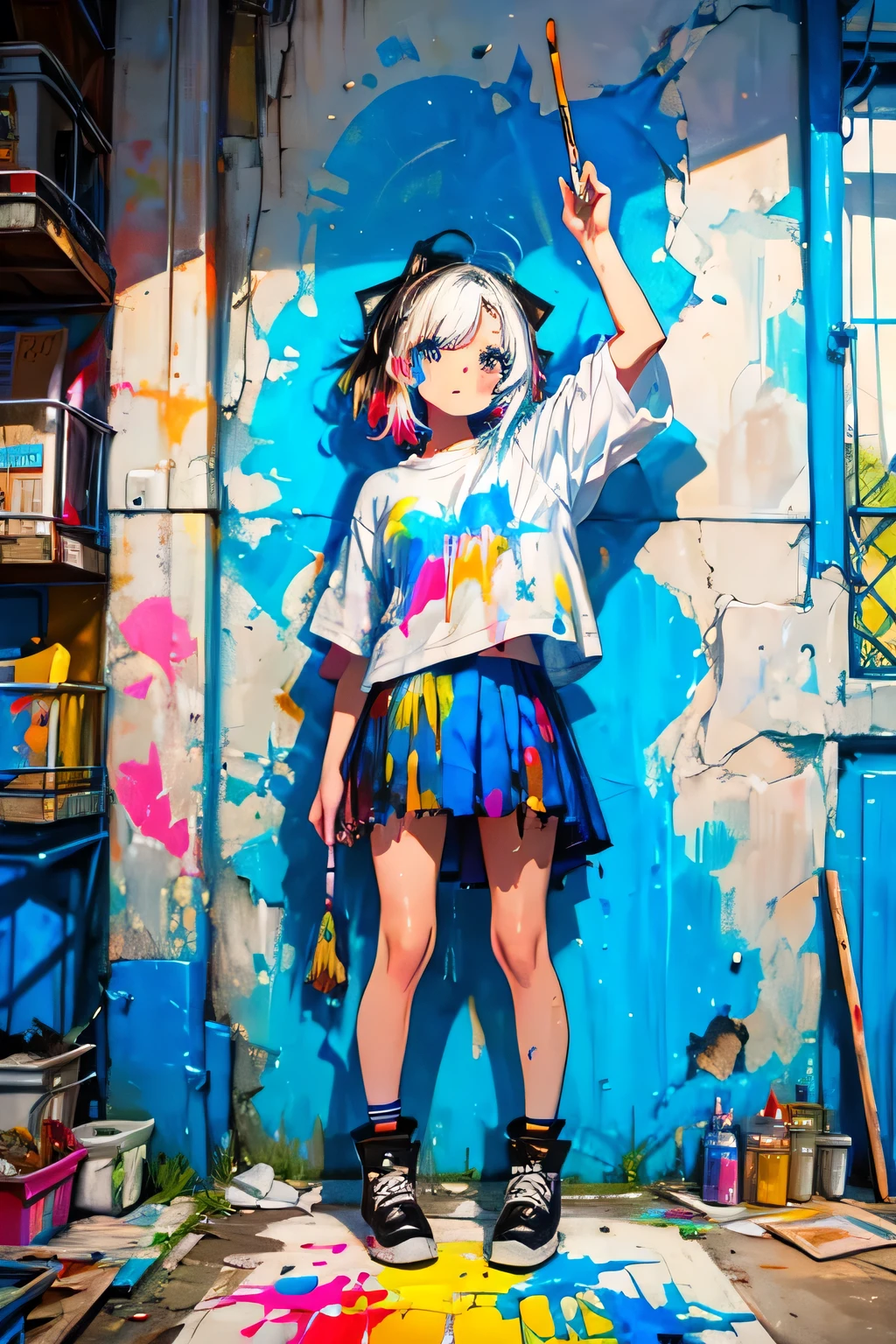 1girl,solo,cool,shirt and mini skirt,she has a brush,she is painting the wall,big paint,paint the whole wall,colorful,youth,dynamic,intense,wild,crazy,dirty,in Derelict building