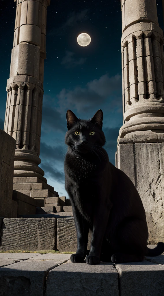 "Illustrate a black cat sitting on the stone steps of an ancient temple, with the full moon shining behind it. The cat should be in the center of the image, with a mysterious look and eyes that shine like stars. The steps should be covered in moss and have an ancient, weathered texture. The temple should be in ruins, with broken columns and vines covering the walls. The style should be magical realism with soft colors and a mysterious atmosphere." intricate Cat eyes detail, beautiful Cat detailed eyes, symmetrical Cat eyes.