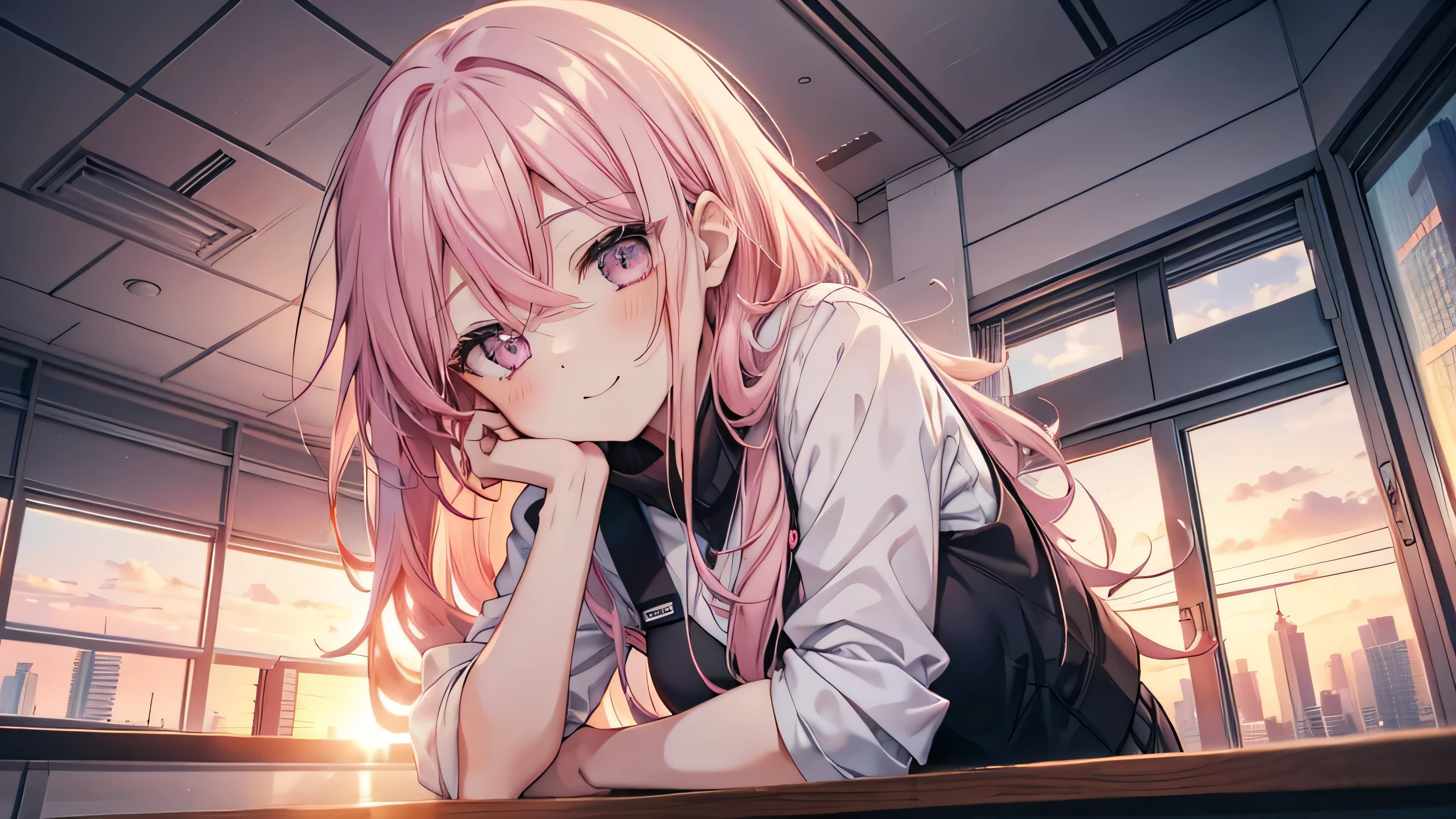  cute anime pink haired girl、 dynamic 、solo,long hair,（ high-rise building office background lying on an office desk ,sunset best smile  ,Feminine Style）