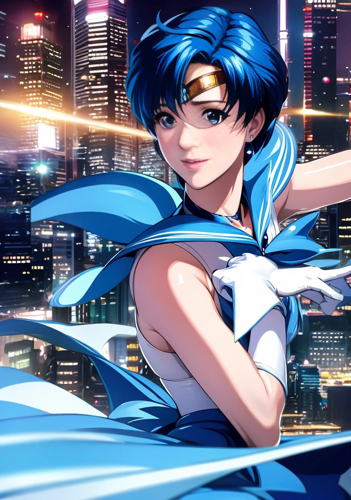 , Incredibly high resolution, formula wallpaper, Poster, masterpiece:1.2. Realistic illustration, Super detailed,  Extremely detailed,  dramatically illuminated. Ami Mizuno,  Sailor Mercury,  choker,  blue hair,  short hair,  hoop earrings ,  jewelry,  crescent earrings.  city skyline ,  starry sky .  white thigh-length stockings ,  charming smile ,  blushing, constant. skirt,  dress.