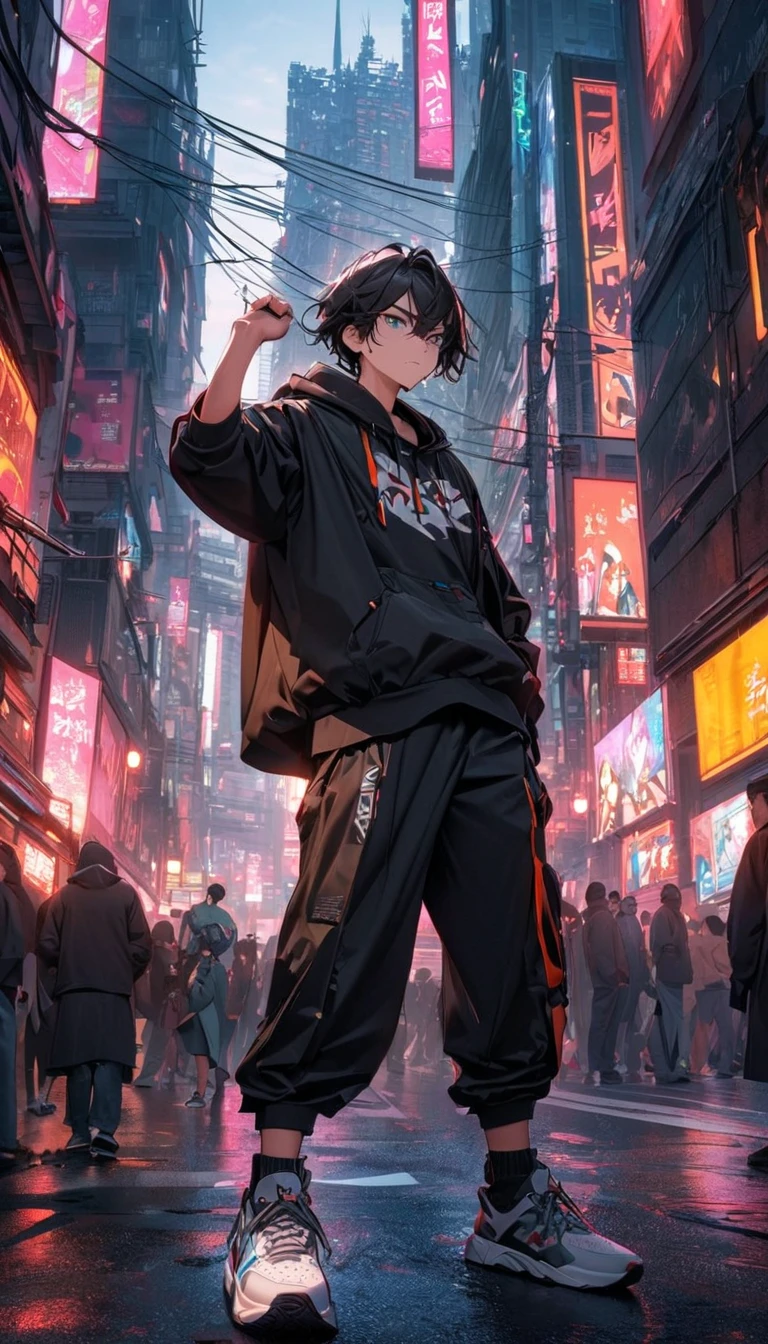 (((Best quality, 8k, Masterpiece: 1.3)), ((best quality)), ((masterpiece)), (detailed), perfect face, perfect body, (detailed skin:1.3), (intricate details), A young samurai boy with messy black hair stands in a dynamic pose on a bustling street of a near-future megacity. He wears modern, casual clothing, including a hoodie and sneakers, contrasted with the traditional elegance of the katana he wields in his right hand. His left hand is raised high, as if signaling or preparing for action, while neon lights from towering skyscrapers and holographic advertisements illuminate the urban setting. The streets are crowded with futuristic vehicles and people, but the boy’s focused expression and poised stance make him stand out as a striking figure in this fusion of tradition and modernity.