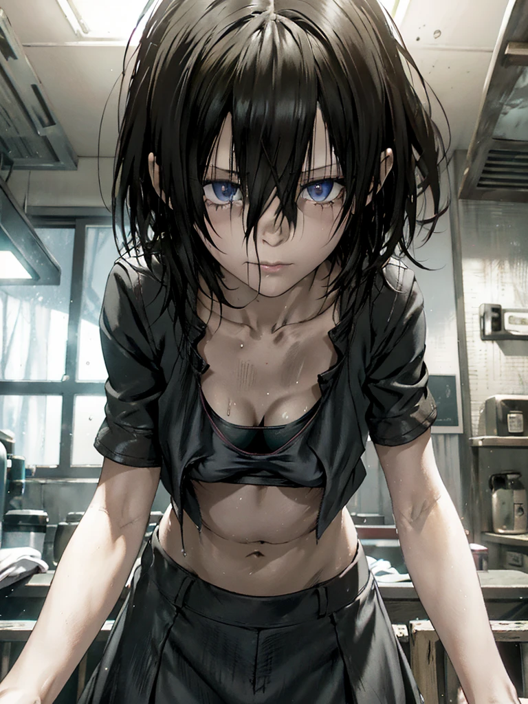 detailed, eveline(Resident Evil 7), black hair, Sweaty, saliva, slender, bikini, relax, From below, Room, cleavage, standing missionary, Glossy Lips, Seductive pose, , Clothes that show your body lines, horror, 