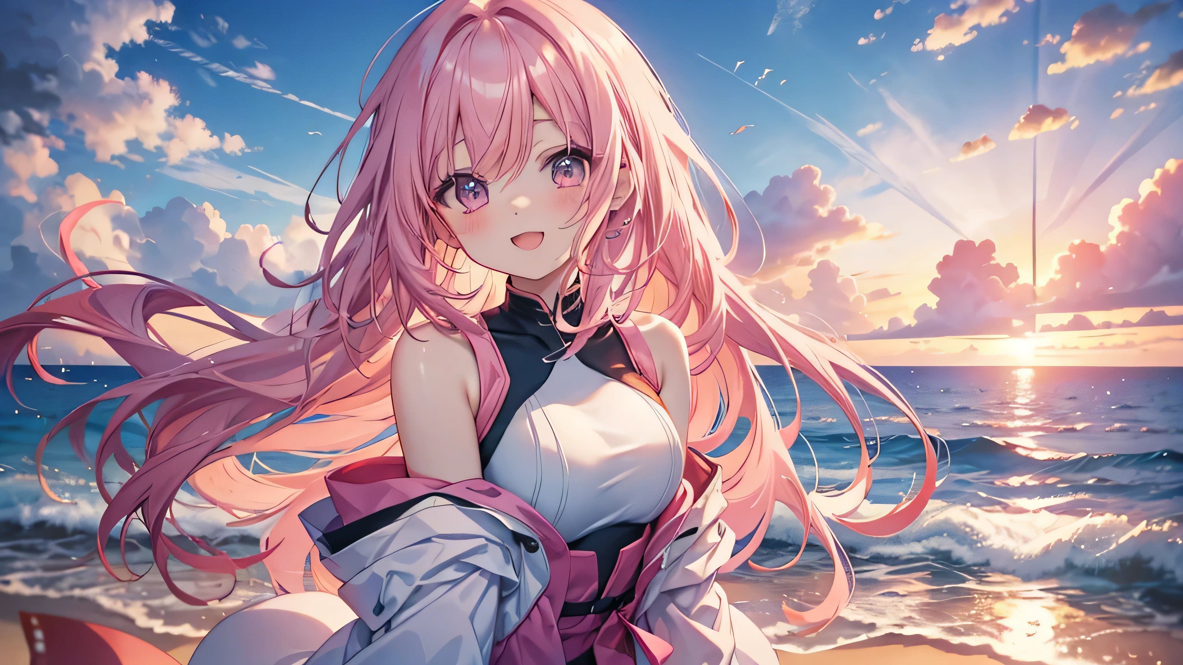  cute anime pink haired girl、 dynamic 、solo,long hair,（Get excited,Sunset beach,The best smile ,Feminine Style）