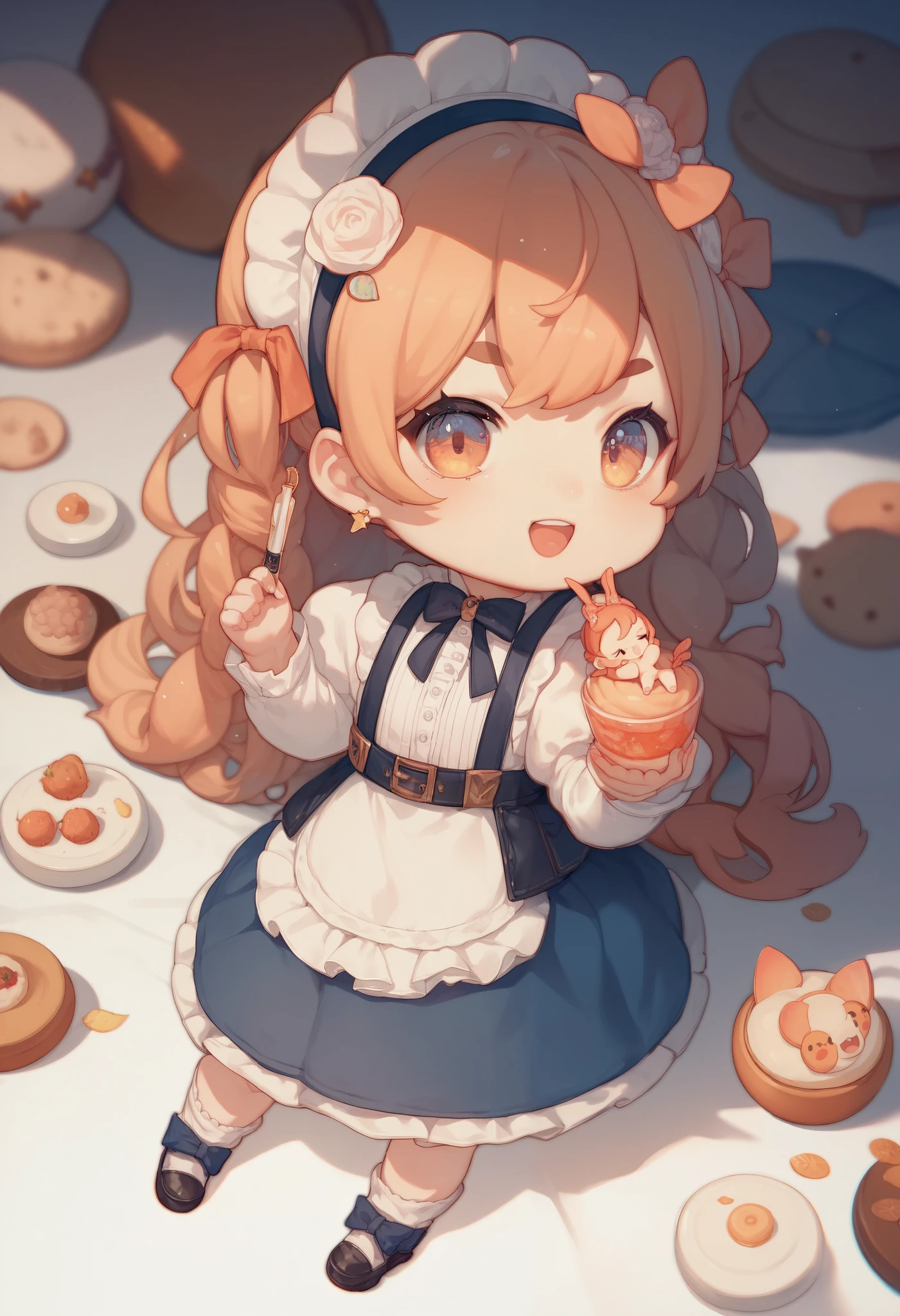 A split-colored monkey flan. Her top half is vanilla and her bottom half pale brown. . Chocolate syrup drips down her head and she wears a melting, cream-colored frosting bow. SPARKLE; GLITTER