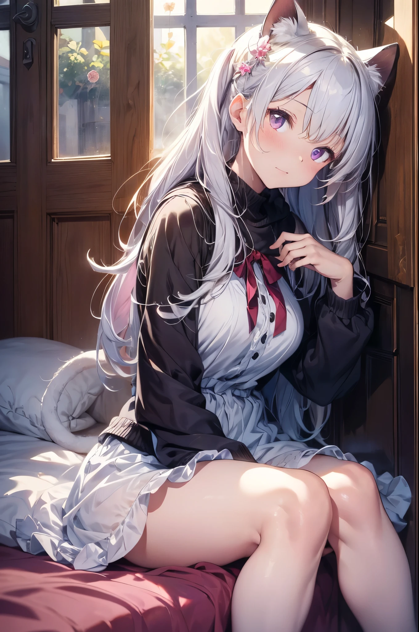 anime big breast,white color hair,校服(Translucent),Feet to the audience,black lence stockings,sit on a bed,(Not wearing underwear)
