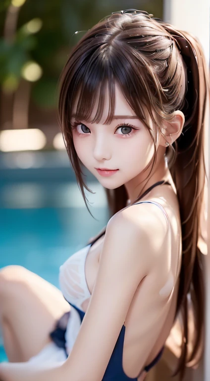 ( very pretty and cute girl ), (  very cute face:1.2),  junior high school student, , (big,  charming eyes、 Bright Like a Sparkling Crystal), Looks great,  Beautiful fine eyes  ,  DETAILED DOUBLE EYELDS  , (smile), ( Realistic Pictures:1.2), (Beautiful Bangs,  Beautiful Black Hair Half Up Hairstyle :1.1), Navy School Swimsuit ，  slim figure without arms，((( small breasts:1.2))), Cute Japanese  idol, Teen, baby face, Teen, ，smile， ( See-through navy school swimsuit that glows when wet, When wet, it becomes transparent ), Erect nipples, smile, Open your mouth a little,  watching the audience 、 spreading legs 、  outdoor pool、 wet skin 、 ((ランダムな sexyポーズ、put in、Deep joy, Intoxicated Eyes:1.2)), (( spreading legs  out to the side:1.5)), ((  spreading legs :1.5)), Legs stretched out on back, (Sleep on your back:1.5, Behind:1.5,reclining:1.5), (From below:1.2), (( Lie on your back:1.2))、  spreading legs  out to the side,  sexy, (  poolside ),  colorful background, HD Backgrounds,  Blurry Background ,  VERY DELICATE AND BEAUTIFUL , masterpiece, (((  best quality,  very beautiful 8K CG wallpaper ))), (((  trendy hairstyles  ))), (  poolside ),