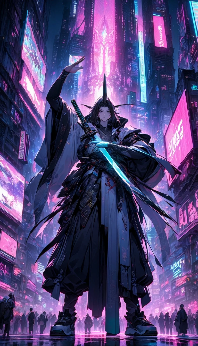 (((Best quality, 8k, Masterpiece: 1.3)), ((best quality)), ((masterpiece)), (detailed), perfect face, perfect body, (detailed skin:1.3), (intricate details), A young samurai boy with messy black hair stands in a dynamic pose on a bustling street of a near-future megacity. He wears modern, casual clothing, including a hoodie and sneakers, contrasted with the traditional elegance of the katana he wields in his right hand. His left hand is raised high, as if signaling or preparing for action, while neon lights from towering skyscrapers and holographic advertisements illuminate the urban setting. The streets are crowded with futuristic vehicles and people, but the boy’s focused expression and poised stance make him stand out as a striking figure in this fusion of tradition and modernity.