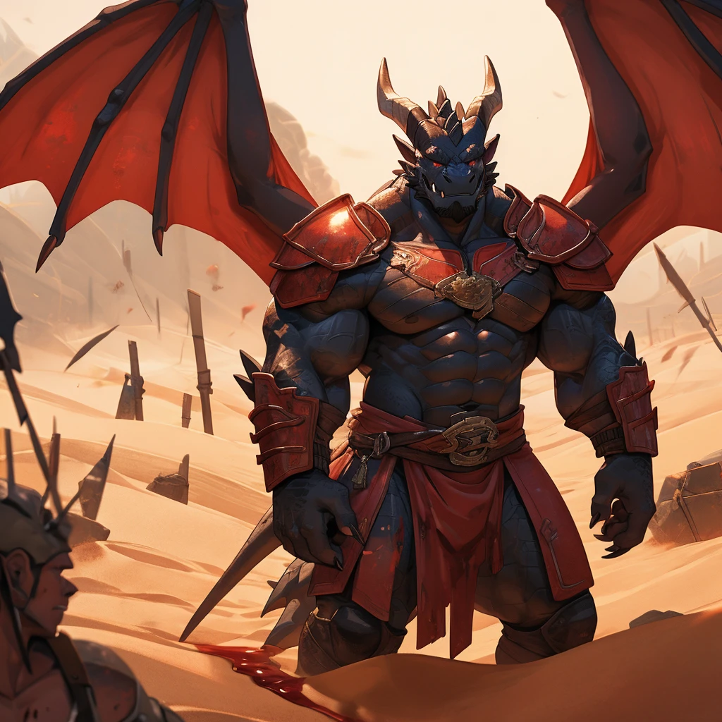 Dragon Orc，male，Strong build。The black skin is covered with hard, thick scales，There is a pair of blood red wings on the back。long, sharp teeth、Dragon horns and claws。standing on a battlefield，Wearing red armor ,skin sand color