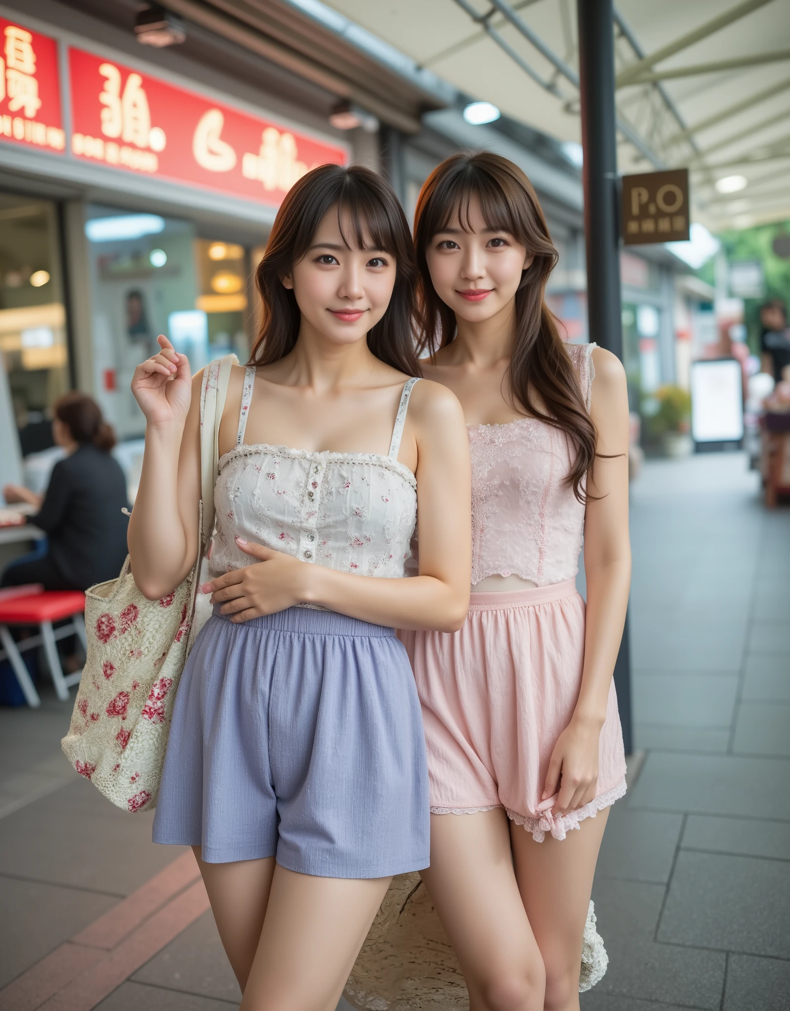 top-quality、masterpiece、 ultra high resolution、( Realistic :1.4)、24 year old and 21 year old sisters 、Ultra-detailed、 cute Japanese top idol , random color miniskirt and camisole、(smile:1.1)、 tight skirt、(Thigh 3), Clear Focus