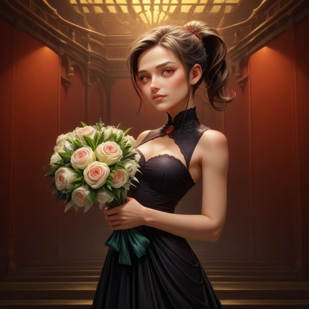 a beautiful japanese woman with ponytail hairstyle wearing black sleeveless top and red evening dress holding a bouquet, a bipedal black cat ((Ket-Sith)) wearing a tailcoat holding a bouquet, surreal whimsical scene with a black cat behaving in a human-like manner, digital art, cinematic lighting, highly detailed, photorealistic, award winning, 8k, masterpiece, intricate details, dramatic composition, dynamic pose, striking colors, elegant, sophisticated, fantasy, magical realism