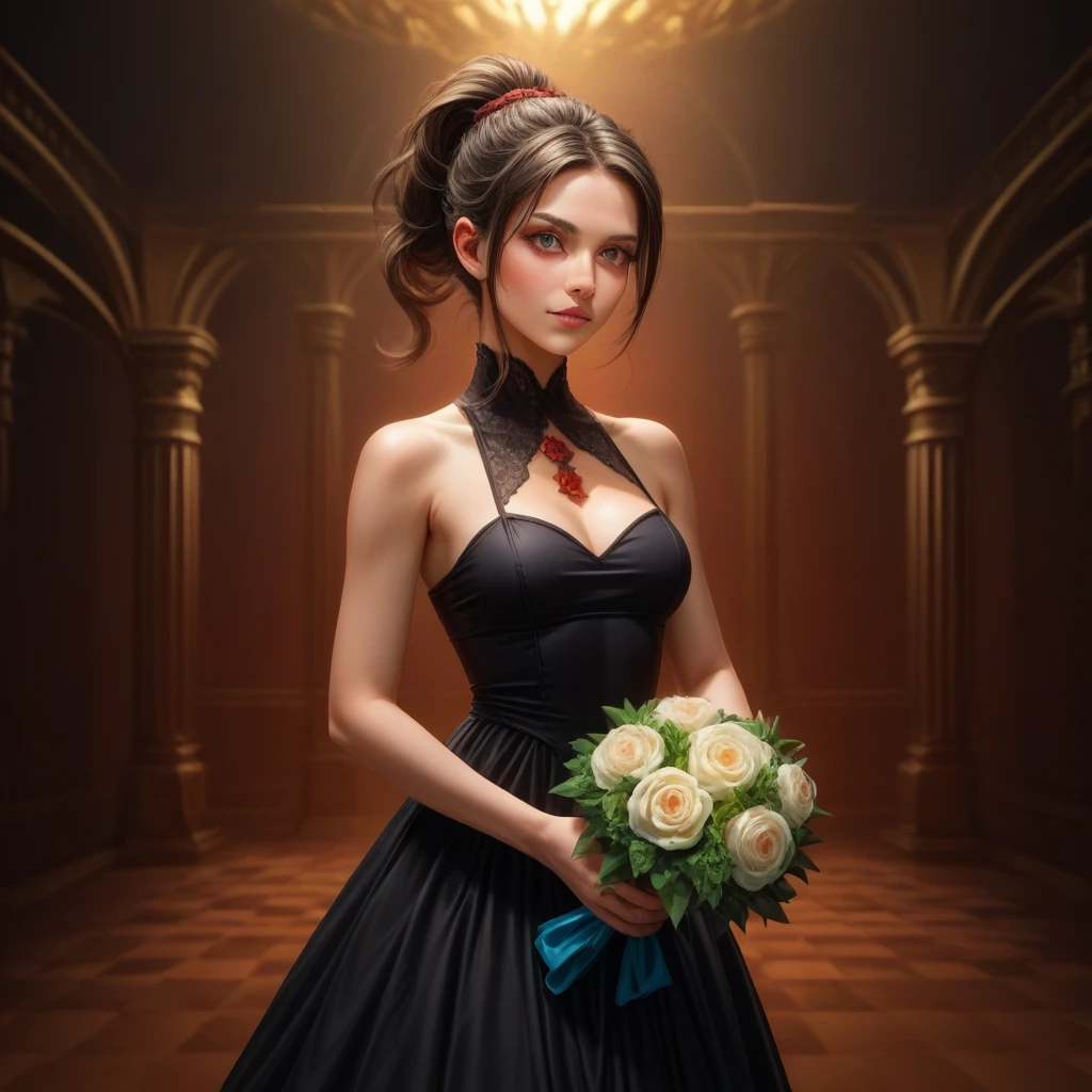 a beautiful japanese woman with ponytail hairstyle wearing black sleeveless top and red evening dress holding a bouquet, a bipedal black cat ((Ket-Sith)) wearing a tailcoat holding a bouquet, surreal whimsical scene with a black cat behaving in a human-like manner, digital art, cinematic lighting, highly detailed, photorealistic, award winning, 8k, masterpiece, intricate details, dramatic composition, dynamic pose, striking colors, elegant, sophisticated, fantasy, magical realism