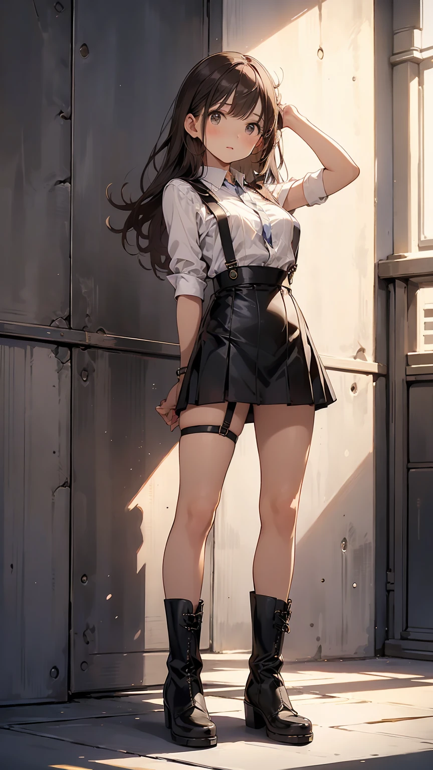 ((best quality)), ((masterpiece)), (detailed), one girl with long blond hair in white t-shirt and black skirt, tape gag, tape bomdage on floor in dark room, fear in eyes, beautiful legs with high open heels, hand behind back,