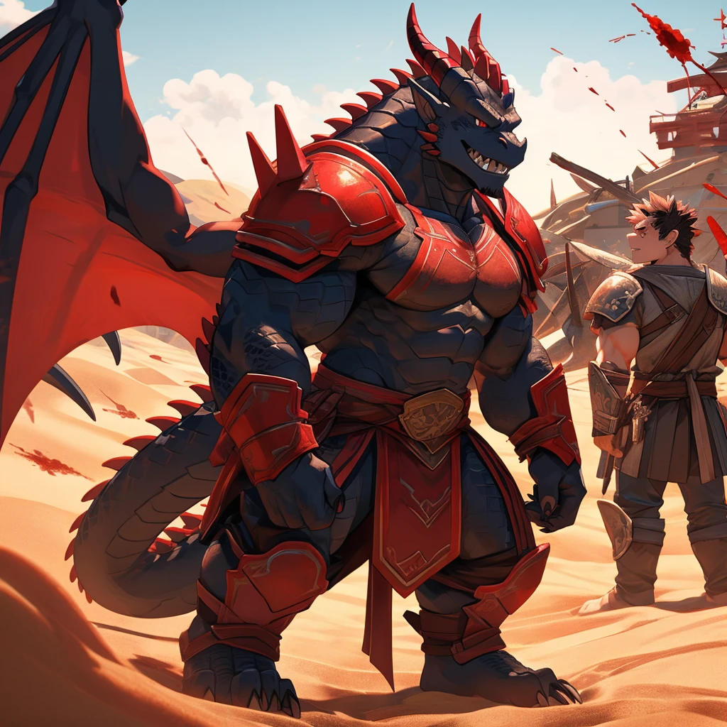 enji todoroki Dragon Orc，male，Strong build。The black skin is covered with hard, thick scales，There is a pair of blood red wings on the back。long, sharp teeth、Dragon horns and claws。standing on a battlefield，Wearing red armor ,skin sand color