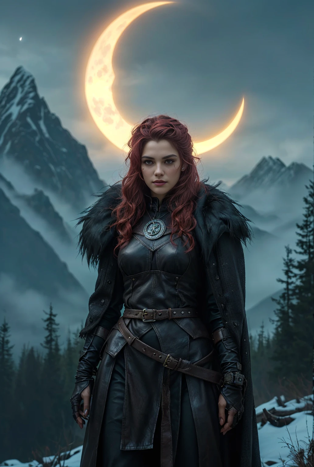  A woman in leather clothing standing in front of a mountain, Portrait of a Norse moon goddess ,  cinematic shot of goddess , norse goddess, do Witcher (2021),  a very beautiful Berserker woman , , still from a fantasy film,  elegant cinematic fantasy art , norse warrior,  epic cinematic shot ,  Imogen Poots as a holy warrior , female warrior of the north