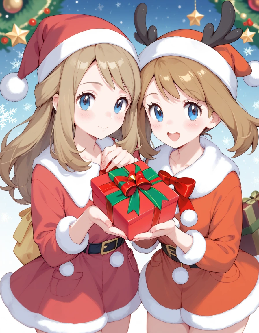 Pokemon female character may , dawn and serena , red-nosed reindeer costume, cute image, Christmas cover, saturated colors, holding a gift box, pokemon design, 2 girls 