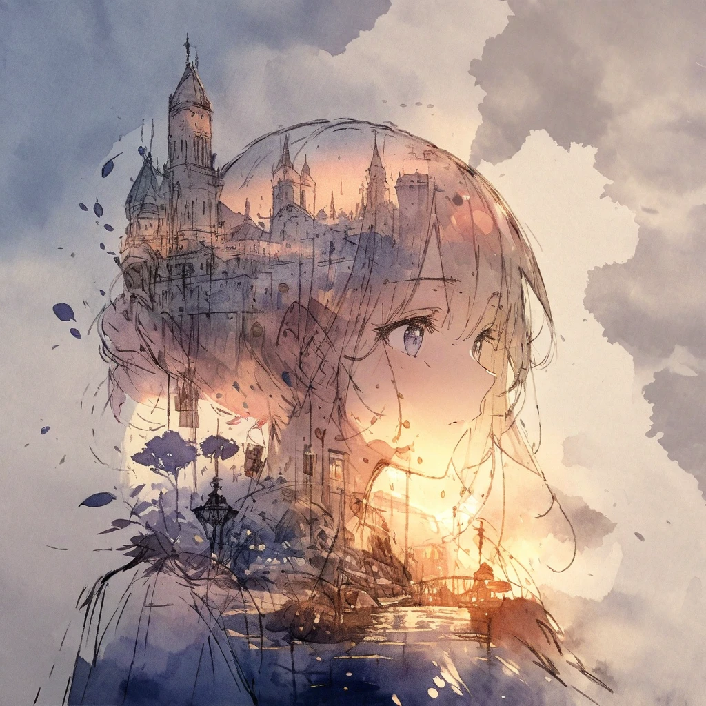 ((sketch:1.5)), ((watercolor:1)), Double Exposure of a Beautiful and Delicate Woman (The face is clear and perfect)image，Background、 Perfect Ultra Detailed Victorian Scenery , beautiful,  complicated illustration,  Artwork Concept Artwork, break,( rather than starting from zero、they always germinate from seed ),