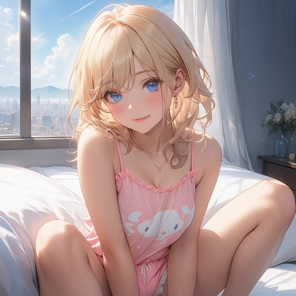 ((32K)), (( best quality)), (( Ultra Hi-Res )), (( high definition )), ((超 high definition )), (( very detailed CG)), ((unity 32K wallpaper)), (masterpiece,  best quality),(Hyperrealism),( 1 girl),  blonde hair,  cute face, Beautiful Skin,  shiny hair,  super detailed eyes ,pink camisole,Blue sky from the window,  panties, sitting on the bed ,  spreads legs,whole body:1.1