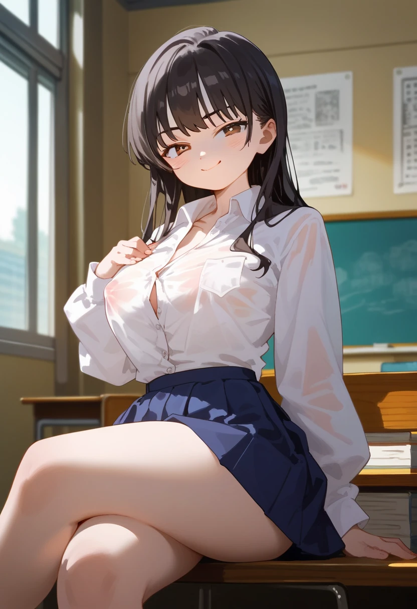 1girl, Yamada_Anna, (masterpiece), school background, best quality, expressive eyes, perfect face, shirt tucked in, blue skirt, collared shirt, pleated skirt, white shirt, school uniform, brown eyes, black hair, long hair, bangs, smug smile, (bare legs, thick thighs, legs crossed) (unbuttoned blouse, see through blouse, visible nipples)