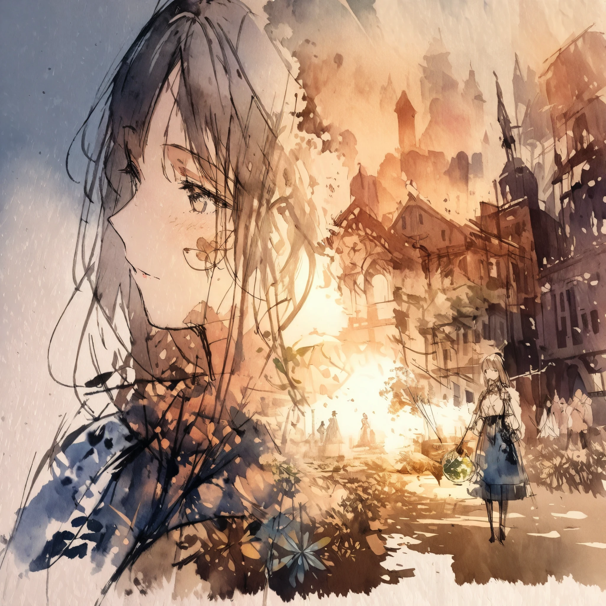 ((sketch:1.5)), ((watercolor:1)), Double Exposure of a Beautiful and Delicate Woman (The face is clear and perfect)image，Background、 Perfect Ultra Detailed Victorian Scenery , beautiful,  complicated illustration,  Artwork Concept Artwork, break,( rather than starting from zero、they always germinate from seed ),