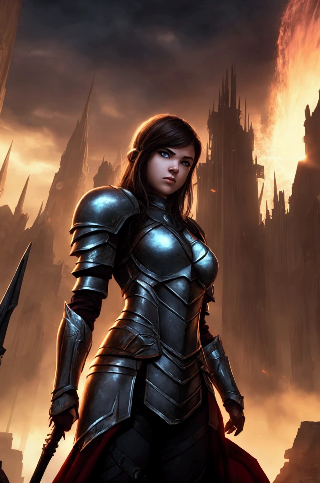 1 girl, armor, female focus, dark fantasy city background